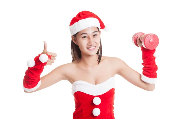 Asiatische Weihnachten Weihnachtsmann Mädchen Daumen nach oben mit roten Hantel. — Stockfoto