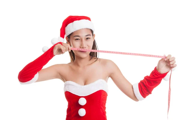 Asiática chica de Navidad en Santa Claus ropa dieta con medición — Foto de Stock