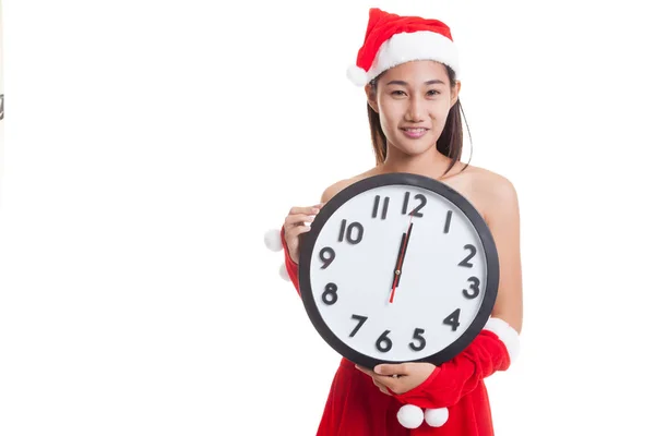 Dziewczyna azjatyckich Boże Narodzenie Santa Claus i zegara o północy. — Zdjęcie stockowe