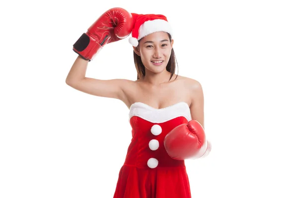 Dziewczyna azjatyckich Boże Narodzenie Santa Claus z rękawic bokserskich. — Zdjęcie stockowe