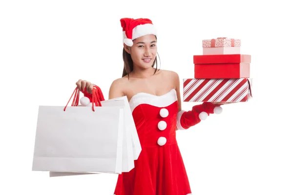 Dziewczyna azjatyckich Boże Narodzenie Santa Claus z torby na zakupy i prezent. — Zdjęcie stockowe