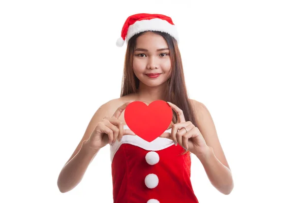Dziewczyna azjatyckich Boże Narodzenie Santa Claus z czerwonym sercem. — Zdjęcie stockowe