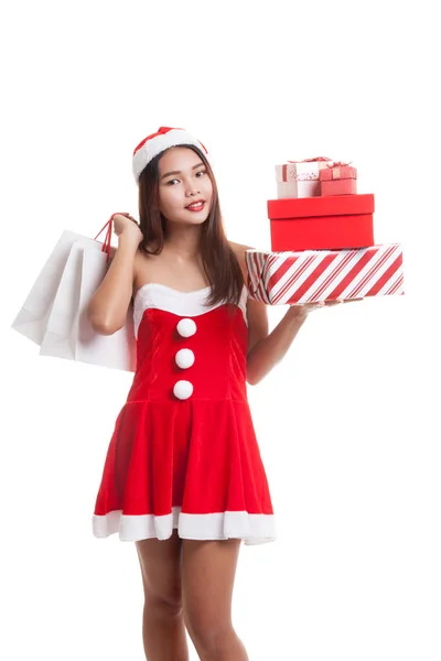 Asiatico Natale Babbo Natale ragazza con shopping bags e regalo . — Foto Stock