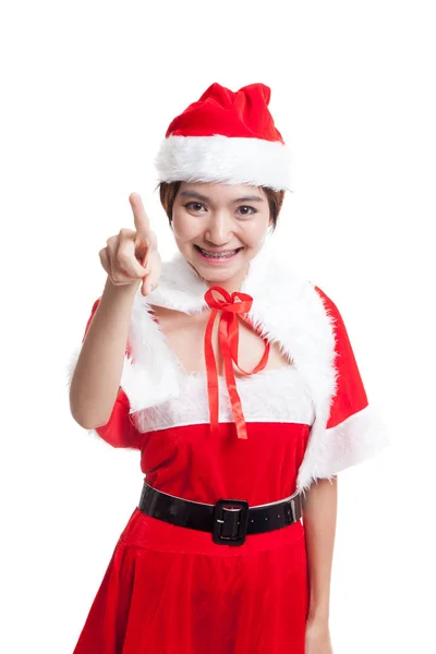Asiatiska jul jultomten flicka vidrör skärmen pose. — Stockfoto