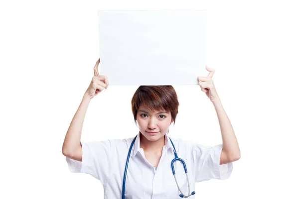 Young Asian female doctor show a blank sign over head. — Stock Photo, Image