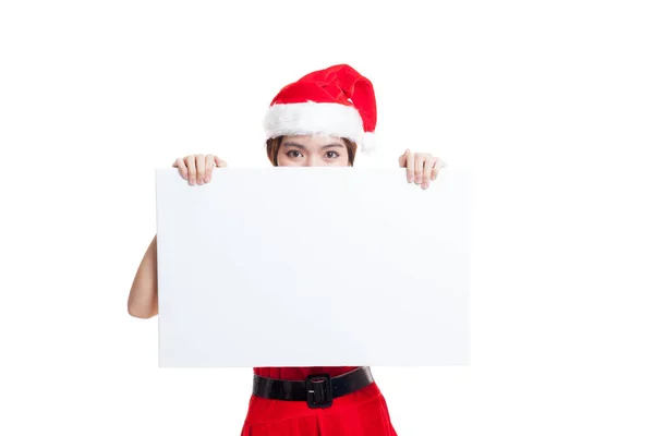 Asiático Natal Papai Noel menina com sinal em branco . — Fotografia de Stock