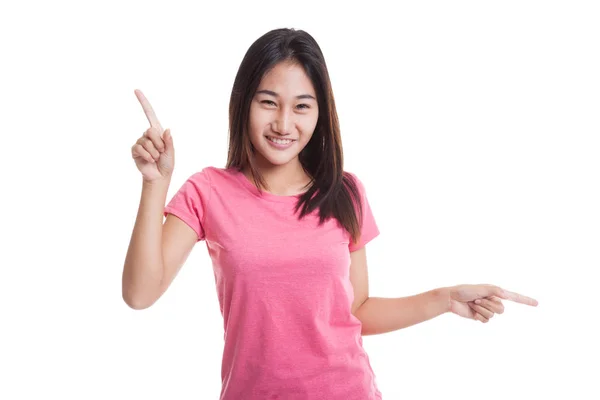 Young Asian woman point with two hands — Stock Photo, Image