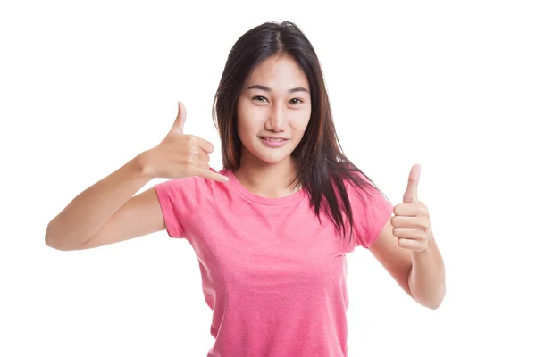 Young Asian woman thumbs up show with phone gesture — Stock Photo, Image