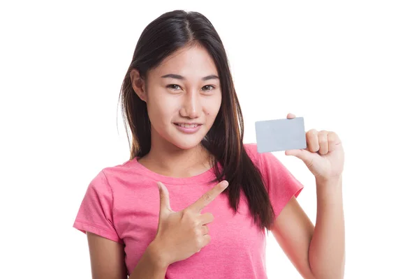 Young Asian woman point to a blank card — Stock Photo, Image