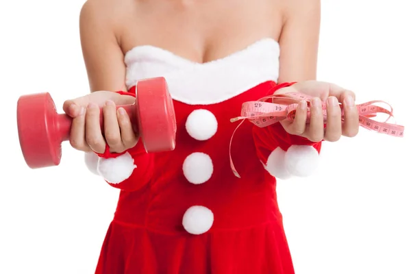 Asiatiska jul jultomten flicka med mätning av tejp och dumbbel — Stockfoto