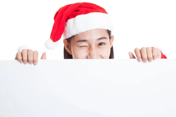 Asian Christmas Santa Claus girl with blank sign. — Stock Photo, Image