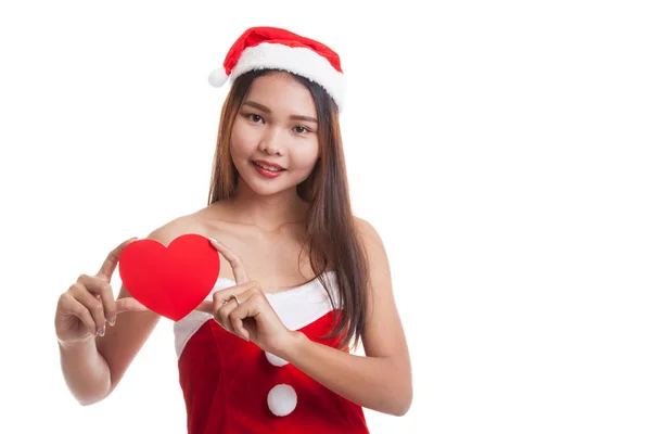 Aziatische kerst Santa Claus meisje met rood hart. — Stockfoto