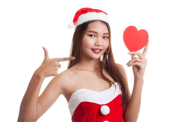 Asian Christmas Santa Claus girl  point to red heart. — Stock Photo, Image