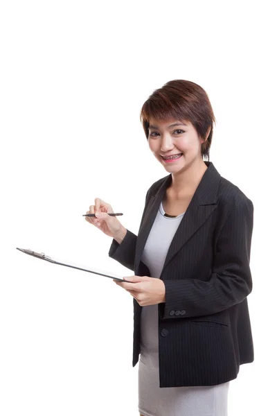 Young Asian business woman with pen and clipboard. — Stock Photo, Image