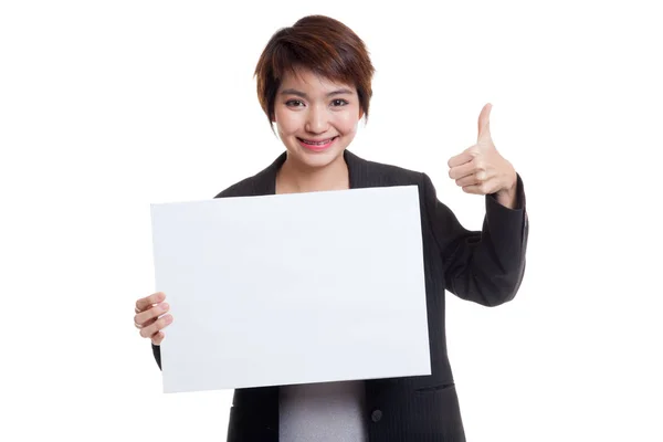 Jonge Aziatische zakenvrouw Toon duimen omhoog met witte leeg bord — Stockfoto