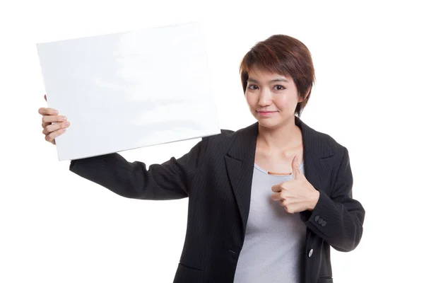 若いアジア ビジネスの女性は、白い空白記号親指を表示します。 — ストック写真