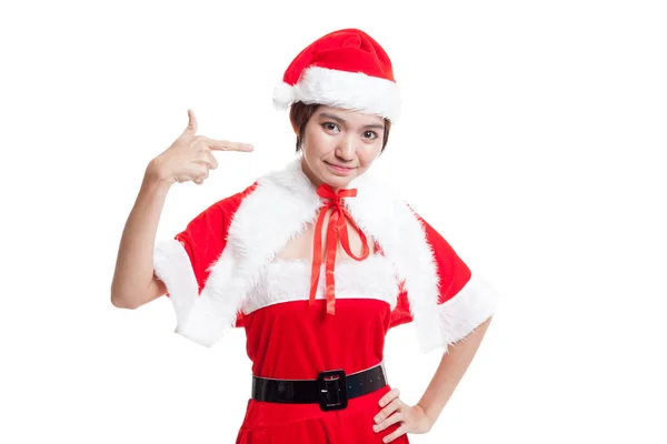 Asiático Navidad santa claus chica punto a espacio en blanco . — Foto de Stock