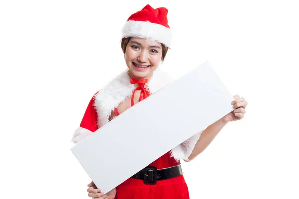 Asian Christmas Santa Claus girl with blank sign. — Stock Photo, Image