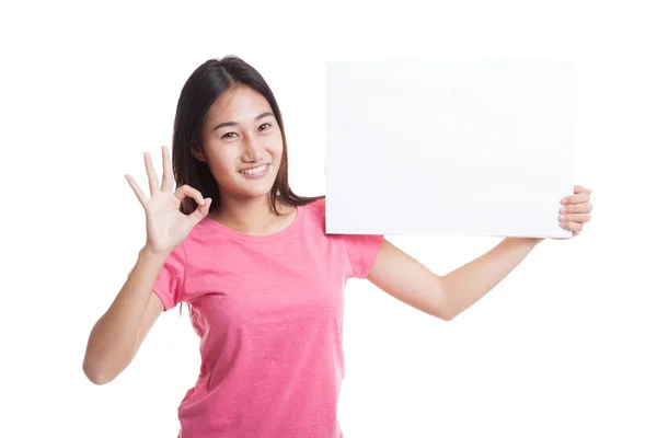 Young Asian woman show OK with  white blank sign — Stock Photo, Image