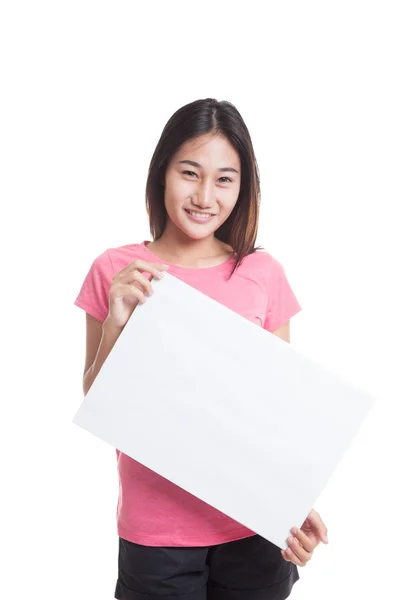 Jonge Aziatische vrouw met witte leeg bord — Stockfoto