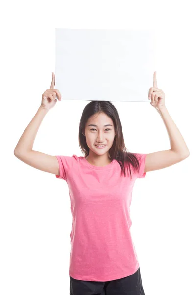 Giovane donna asiatica con bianco segno in bianco — Foto Stock