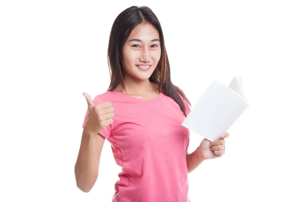 Tineri asiatic femeie thumbs în sus cu o carte — Fotografie, imagine de stoc