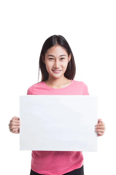 Beyaz boş işareti ile genç Asyalı kadın — Stok fotoğraf