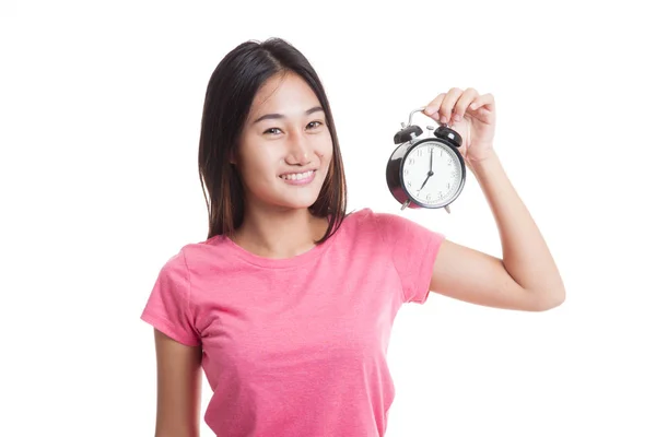 Młoda azjatycka kobieta z zegarem. — Zdjęcie stockowe