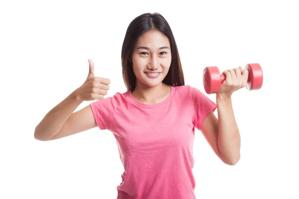 Saludable mujer asiática pulgares arriba con mancuernas . — Foto de Stock