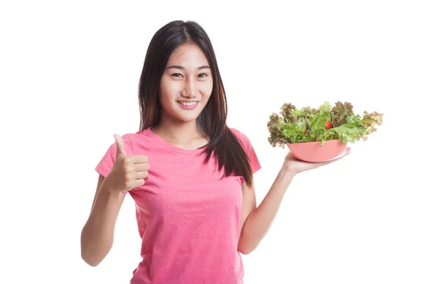 Gesunde asiatische Frau Daumen nach oben mit Salat. — Stockfoto