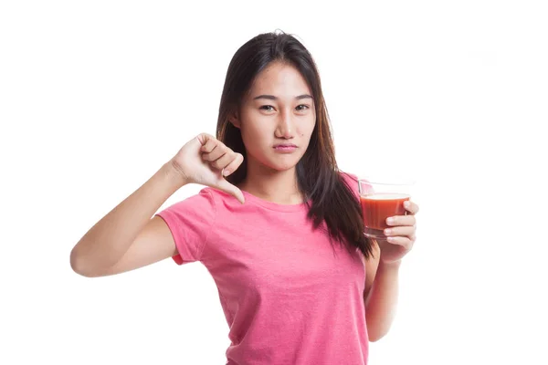 Asyalı kadın başparmak aşağı domates suyu nefret ediyorum.. — Stok fotoğraf