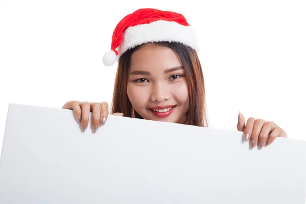 Asian Christmas Santa Claus girl with blank sign. — Stock Photo, Image