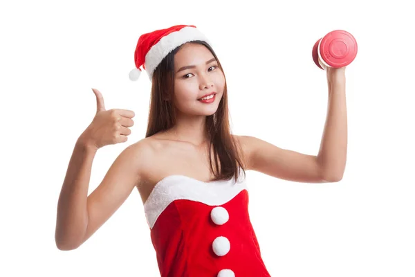 Asiático Navidad santa claus chica pulgares arriba con rojo dumbbell . — Foto de Stock