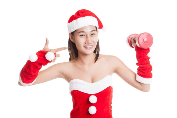 Asiático Natal Papai Noel menina apontar para halteres vermelhos . — Fotografia de Stock