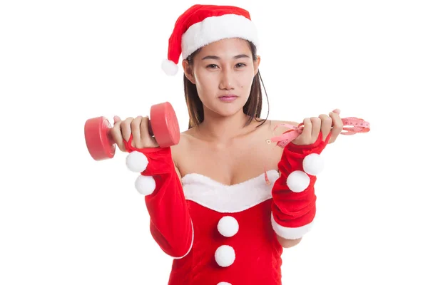 Asiatiska jul jultomten flicka med mätning av tejp och dumbbel — Stockfoto