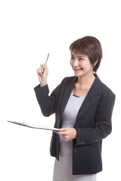 Young Asian business woman with pen and clipboard. — Stock Photo, Image