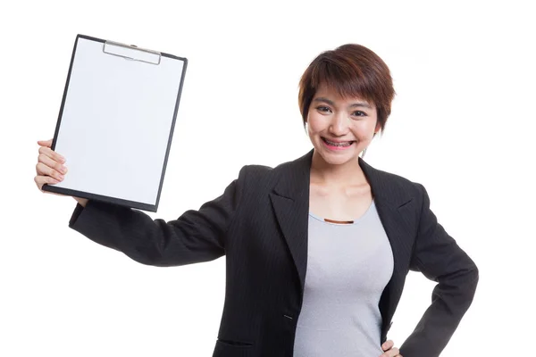 Young Asian business woman show blank clipboard. — Stock Photo, Image
