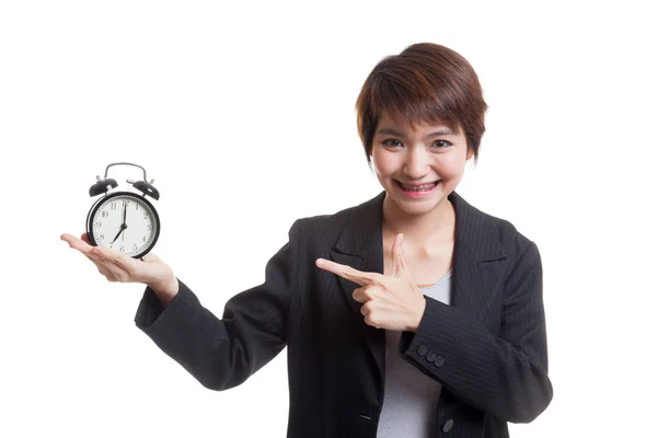 Νέος Ασιατικός επιχειρησιακός γυναίκα σημείο σε ένα ρολόι. — Φωτογραφία Αρχείου