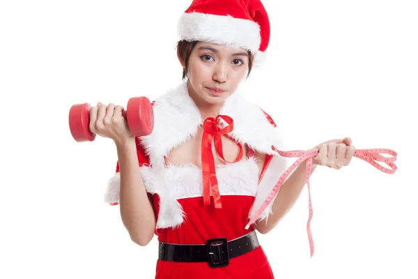 Dziewczyna azjatyckich Boże Narodzenie Santa Claus z pomiaru taśmy i dumbbel — Zdjęcie stockowe