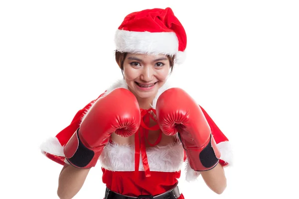 ボクシング グローブとアジア クリスマス サンタ女の子. — ストック写真