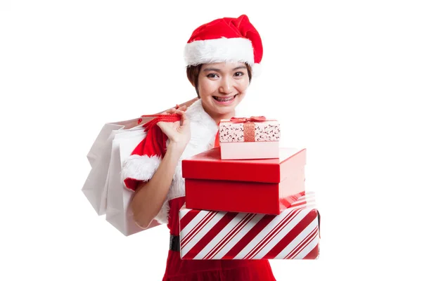 Asijské vánoční Santa Claus dívka s nákupní tašky a dárek. — Stock fotografie