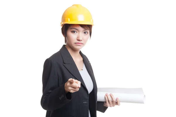 Azjatycki inżynier Kobieta wskazując plany. — Zdjęcie stockowe