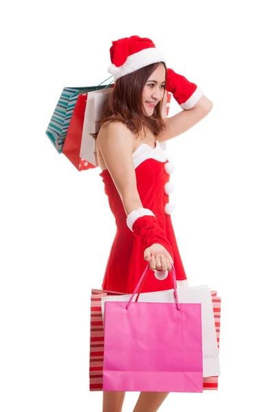 Asiática Navidad Santa Claus chica con bolsas de compras . —  Fotos de Stock