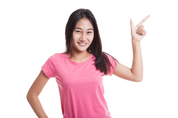 Ung asiatisk kvinna leende och punkt.. — Stockfoto
