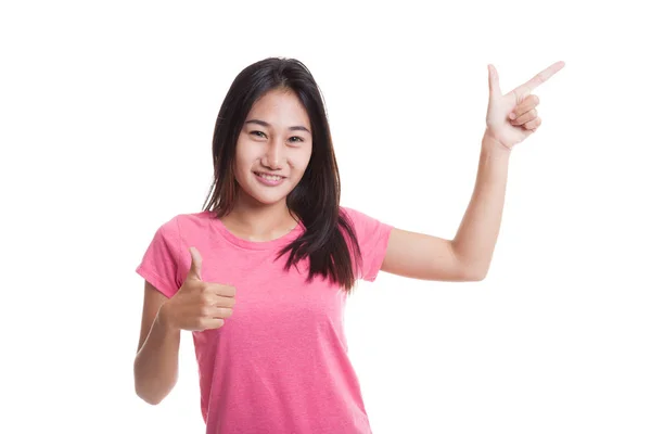 Young Asian woman point and thumbs up.. — Stock Photo, Image