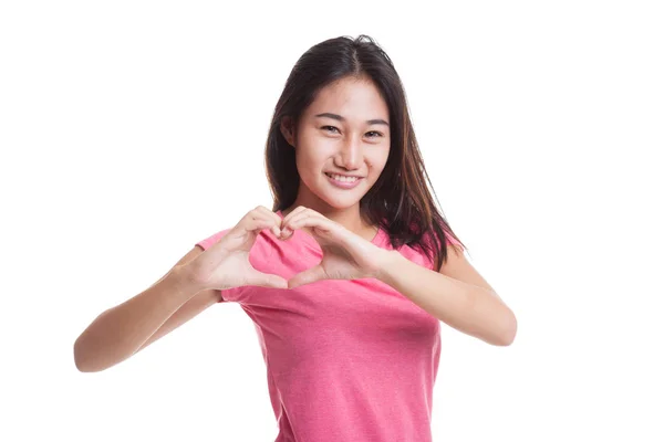Jovem mulher asiática mostrar coração mão sinal .. — Fotografia de Stock