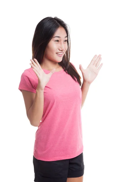 Joven asiática mujer es sorprendido y sonrisa .. — Foto de Stock