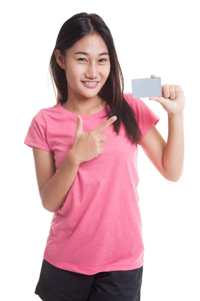 空白のカードに若いアジア女性ポイント.. — ストック写真