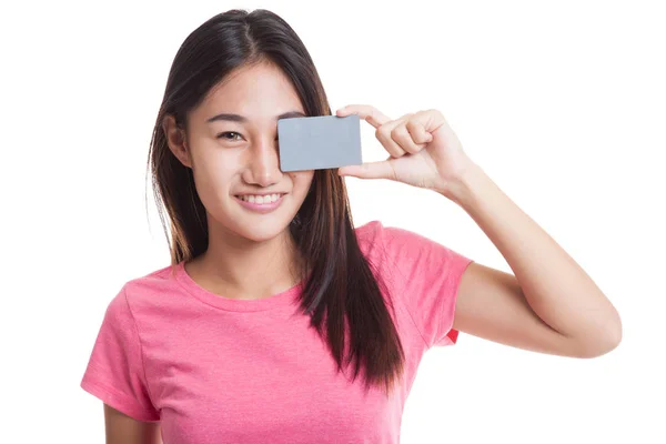 Young Asian woman with  blank card over her eye.. — Stock Photo, Image