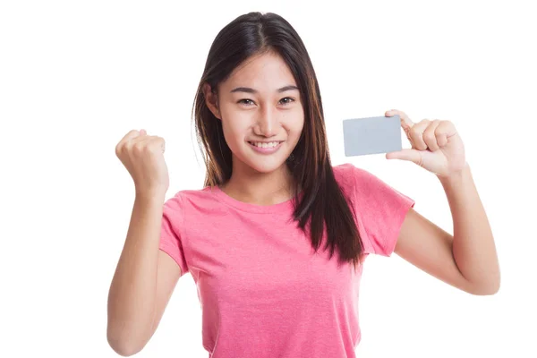 Young Asian woman fist pump with blank card.. — Stock Photo, Image